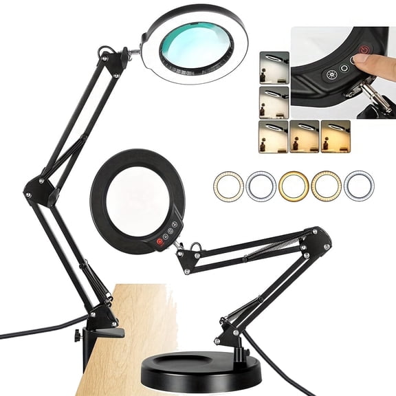 VISONHEART Magnifying Glass with Light and Stand, 2-in-1 LED Lighted Magnifier Light, Upgrade Button 5 Color Modes Stepless Dimmable, Hands Free Desk Lamp with Clamp for Craft Hobby Close Work