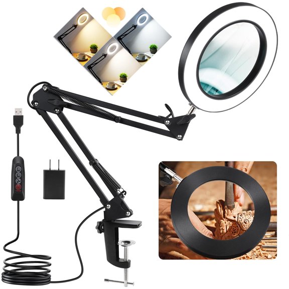 VISONHEART Magnifying Glass with Light and Stand, Real Glass Lens 3 Color Modes Dimmable Clamp Desk Lamp for Crafts Reading Repair
