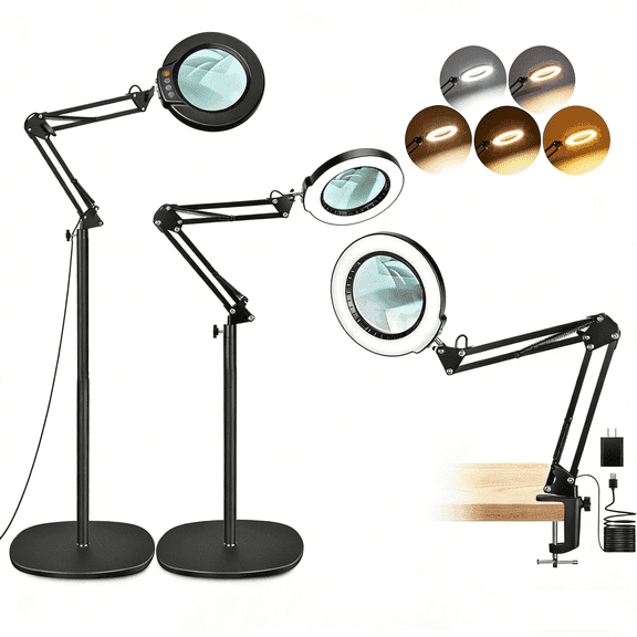 VISONHEART Magnifying Glass with Light and Stand, Real Glass Lens, 5 Color Modes Dimmable, Adjustable Swing Floor Lamp and Clamp, LED Lighted Hands Free for Reading, Crafts, Painting