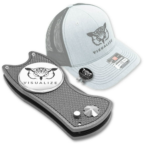 VISUALIZE Talon Plus Divot Repair & Hat Clip and Two Silicone Ball Markers 4-in-1 Tool Kit - Anodized Aluminum Switchblade-Style - Gun Metal Gray
