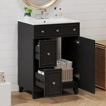 viswild 24" Modern Bathroom  Vanity with Ceramic Sink, Soft-Close Drawers, 2 Storage Spaces & Golden Handles, Space-Saving Design for Small Bathrooms, Black