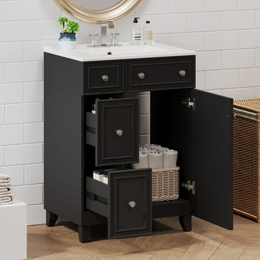 viswild 24" Modern Bathroom  Vanity with Ceramic Sink, Soft-Close Drawers, 2 Storage Spaces & Golden Handles, Space-Saving Design for Small Bathrooms, Black