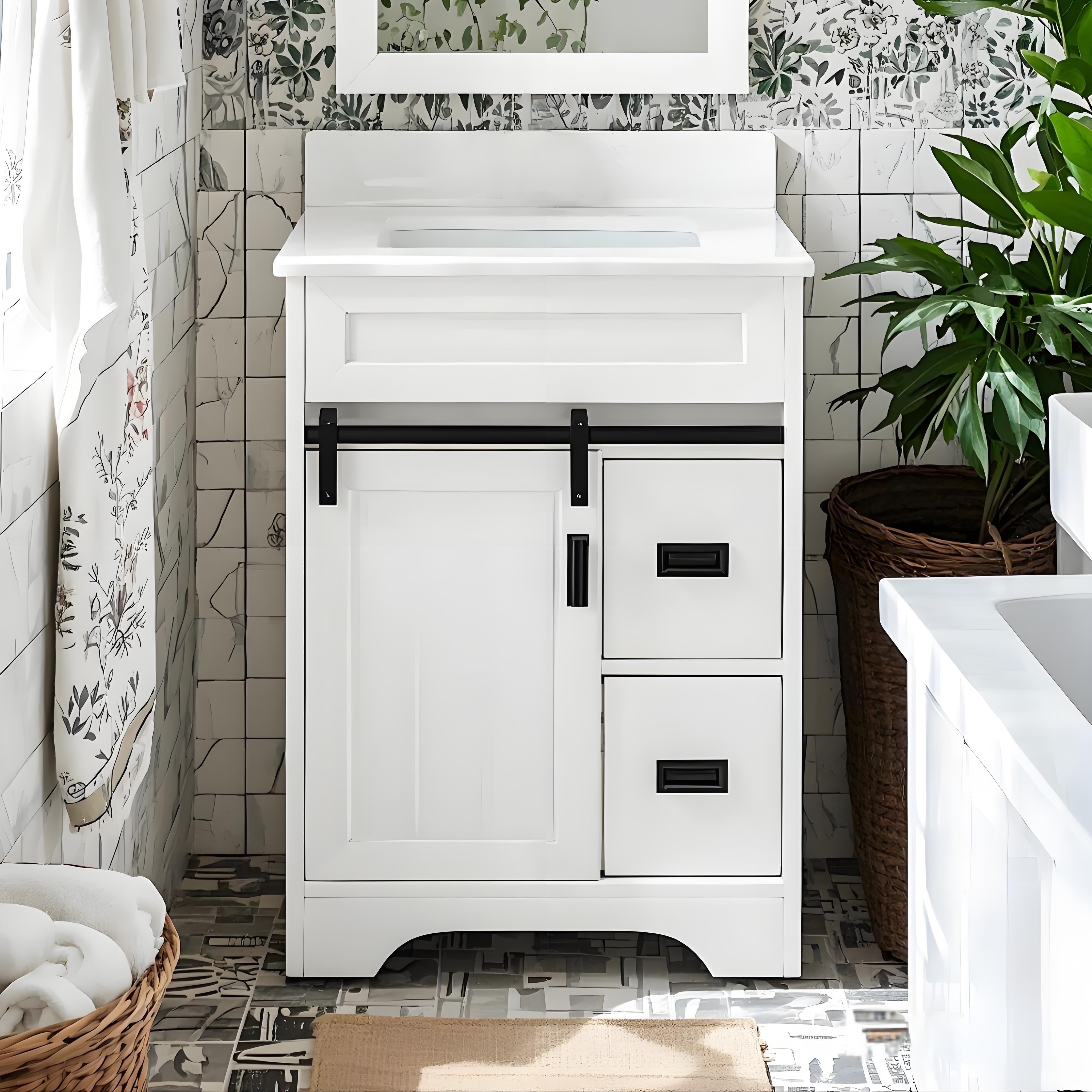 VISWILD 24" Bathroom Vanity with Sink, Sliding Barn Door and 2 Drawers, for Apartment, Adult, Teen, White