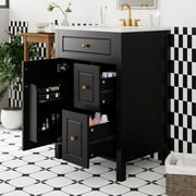 viswild 24" Bathroom Vanity with Ceramic Sink, Soft Close Door & Drawers, Double Storage Racks, Black, Traditional Style, Free-Standing