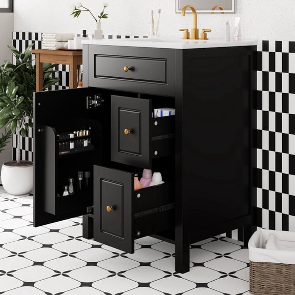 viswild 24" Bathroom Vanity with Ceramic Sink, Soft Close Door & Drawers, Double Storage Racks, Black, Traditional Style, Free-Standing