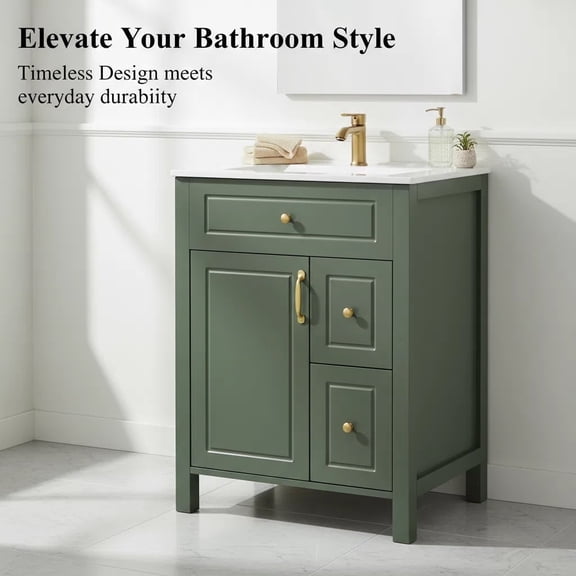 viswild 24" Bathroom Vanity with Ceramic Sink, Soft Close Door & Drawers, Double Storage Racks, Green, Traditional Style, Free-Standing