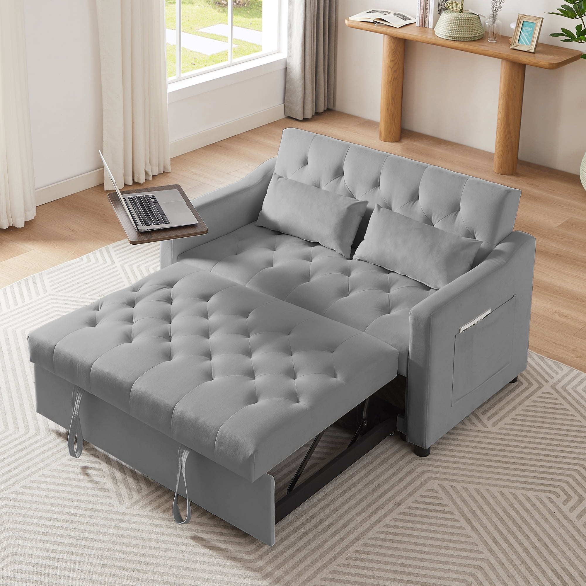 VISWILD 3 in 1 Convertible Sofa Bed, Pull Out Sofa Bed With Small Table, Velvet Double Sofa Bed, Sofa Backrest Adjustable in 3 Gears, Suitable for Living Rooms, Bedrooms, Apartments, Gray
