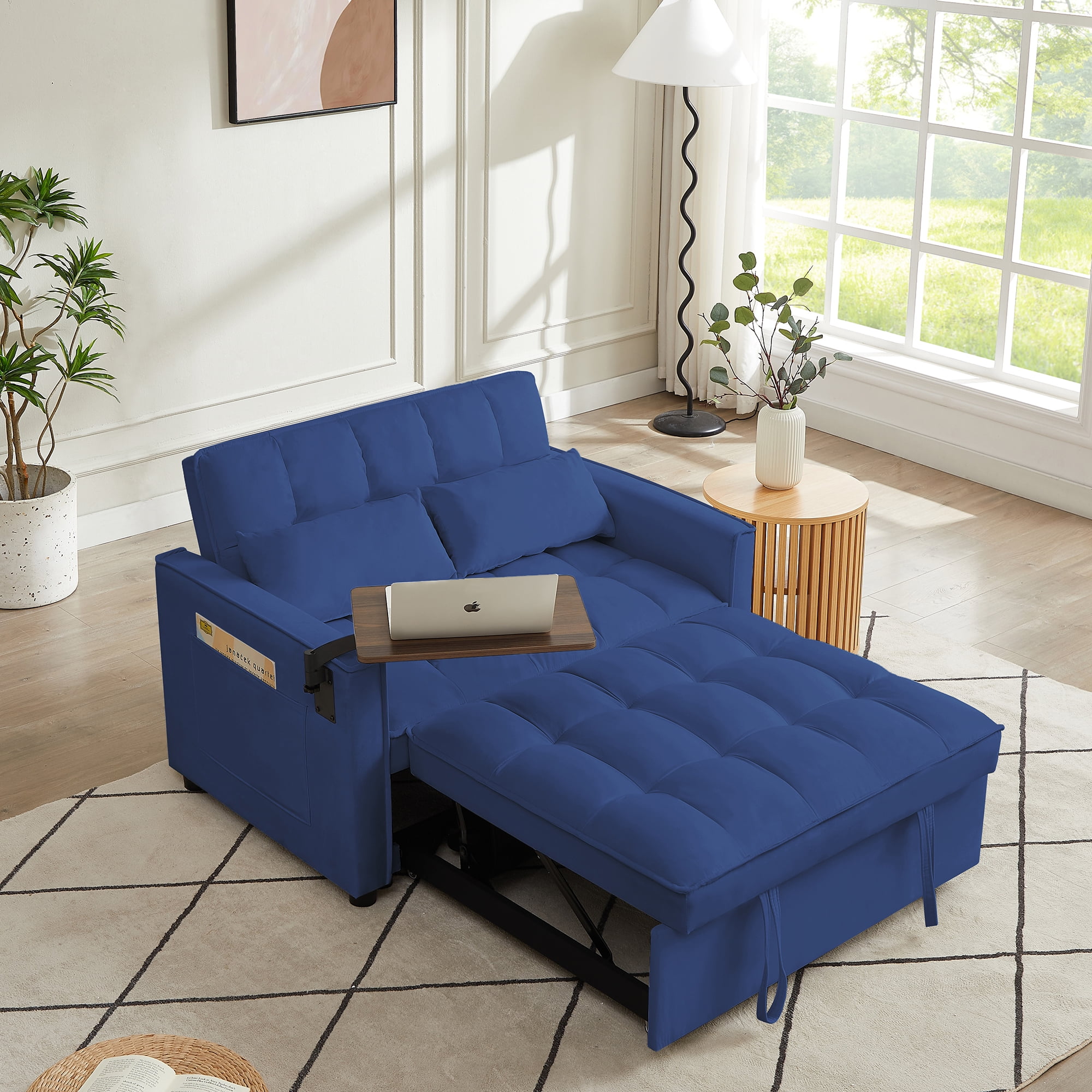 VISWILD 3 in 1 Convertible Sofa Bed, Pull Out Sofa Bed With Small Table, Velvet Double Sofa Bed, Sofa Backrest Adjustable In 3 Gears, Suitable For Living Rooms, Bedrooms, Apartments, Blue