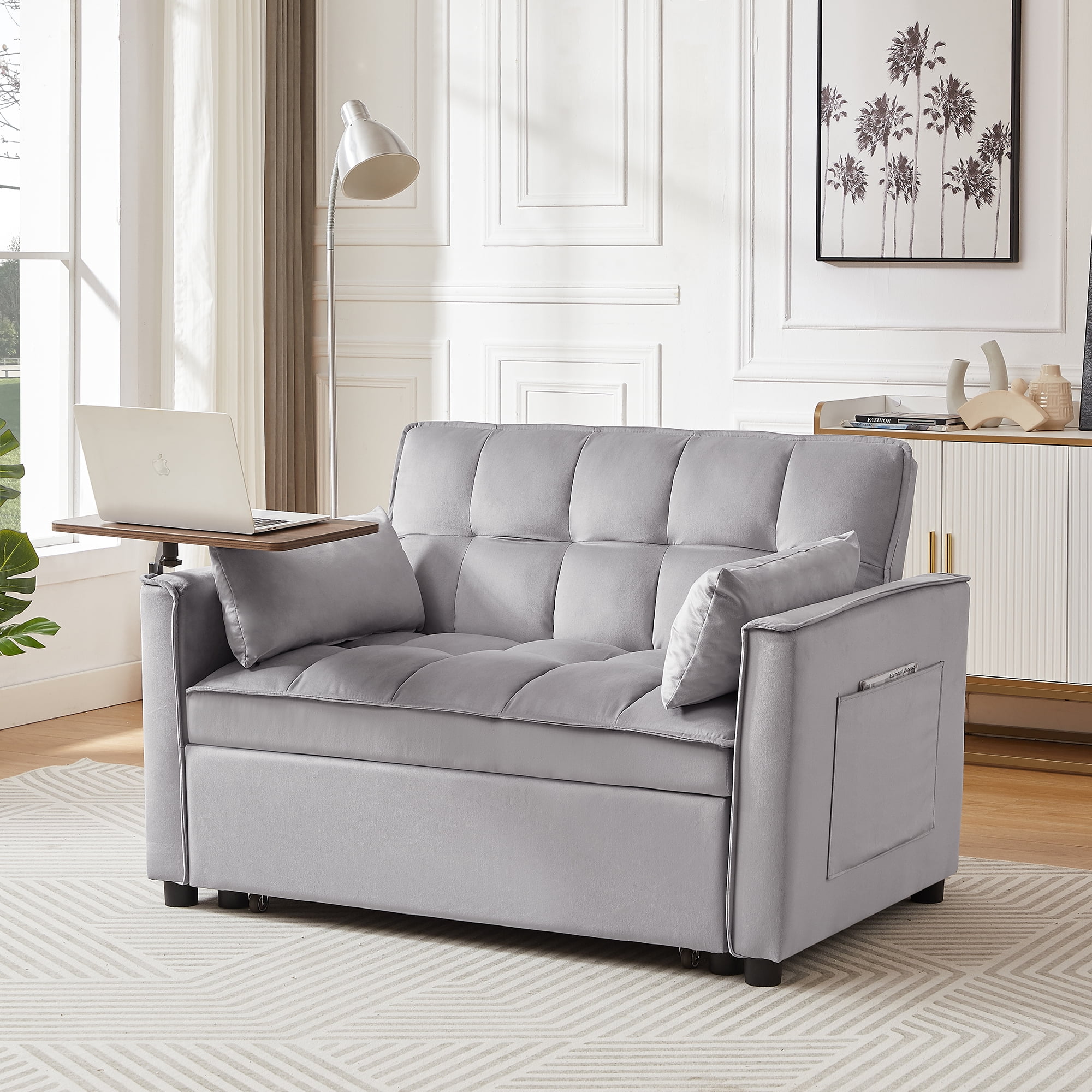VISWILD 3 in 1 Convertible Sofa Bed, Pull Out Sofa Bed With Small Table, Velvet Double Sofa Bed, Sofa Backrest Adjustable In 3 Gears, Suitable For Living Rooms, Bedrooms, Apartments, Gray