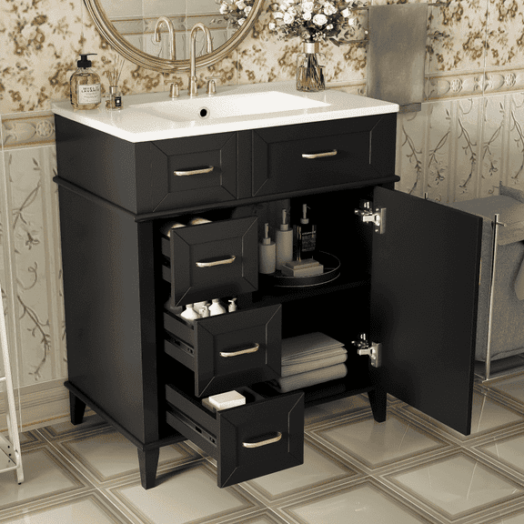 VISWILD 30" Bathroom Vanity with Ceramic Sink – Adjustable Shelf, Soft Close Drawers, and Modern Gold Accents, Black