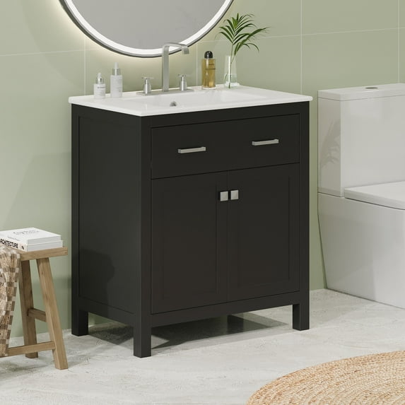 viswild 30" Bathroom Vanity with Ceramic Sink, Soft Close Doors, Adjustable U-Shelf & Flip Drawer for Small Space, Black
