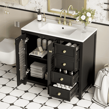 VISWILD 36 inch Bathroom Vanity with Ceramic Basin, Soft-Close Doors, Adjustable Shelves, Elegant Design for Small Bathrooms, Black