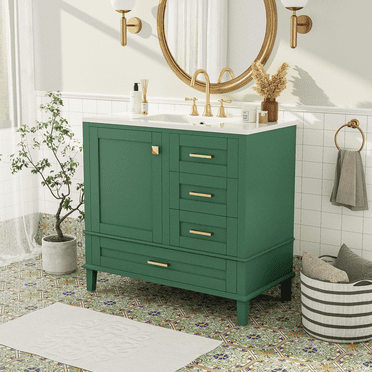 VISWILD 36" White Bathroom Vanity with Sink, Solid Pine Frame & 3 Soft Close Drawers, Modern American Storage Cabinet