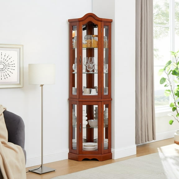 VISWILD 70" 5-tier Display Case with Lighting System, Vintage Glass Display Case with Anti-tipping Design, Suitable for Living Room, Study, Office, Walnut