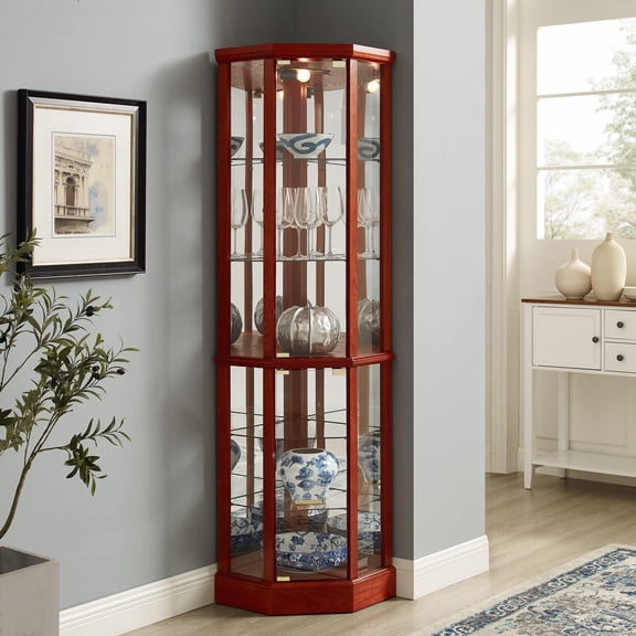 VISWILD 70" Six-tier Display Case with Lighting System, Vintage Glass Display Case with Anti-tipping Design, Suitable for Living Room, Study, Office, Cherry