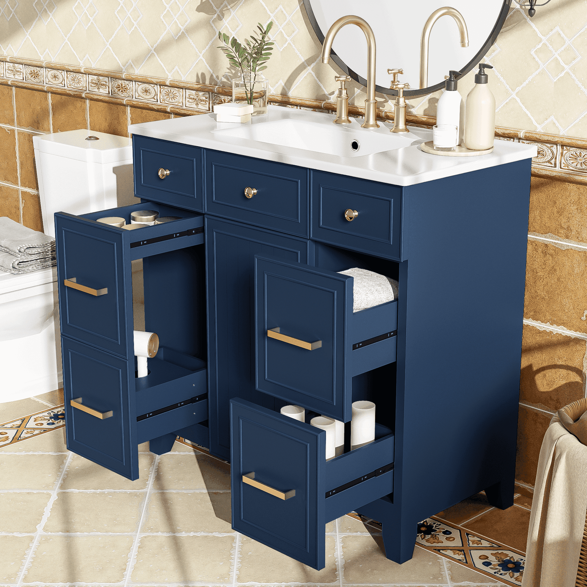 viswild 36" Bathroom Vanity with Ceramic Sink, Solid Wood, Soft Close Doors, 3 Drawers & Double-Depth Storage, Space Saving Design for Small Bathrooms, Blue