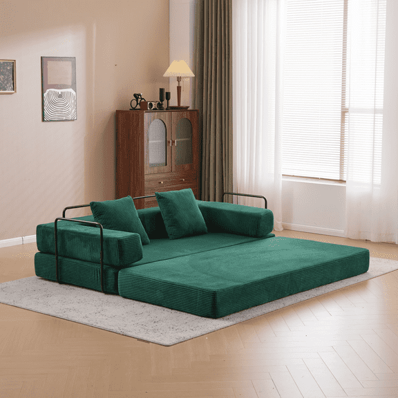 VISWILD Convertible Floor Sofa Bed, Floor Couch with Armrests and Pillow Backrest, Corduroy, for Apartments, Living Room, Green
