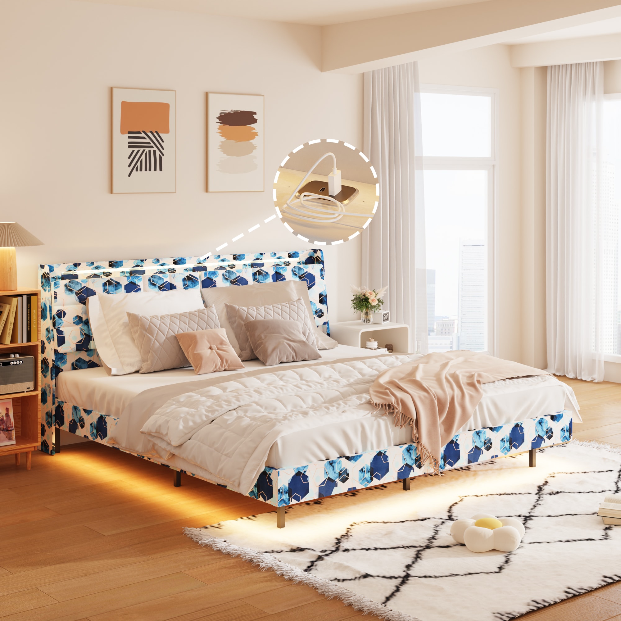 Floating Spring Frame VISWILD King Floating Bed Frame with LED Lights, USB Charging, Storage ...