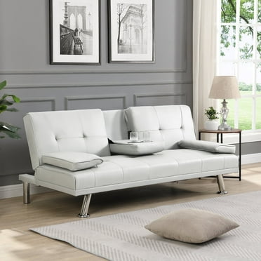 viswild Multifunctional Convertible Sofa Bed with Wooden Frame Stainless Steel Legs Reclining Guest Bed for Living Room Dorm Office, White