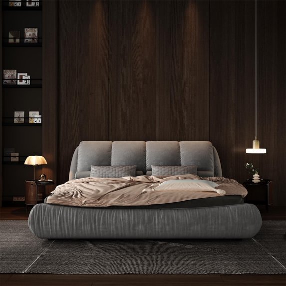 VISWILD Queen Bed Frame, Oversized Upholstered Headboard, Solid Wood Frame, High-Density Sponge Padding, Ergonomic Design, Sturdy and Durable, Mattress Not Included, Grey