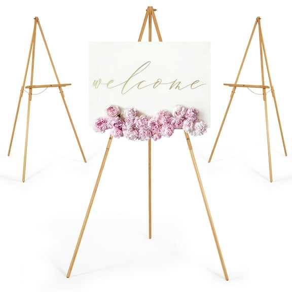VISWIN 3 Pcs 63" Wooden Tripod Display Easel Stand for Wedding Sign-Black - Natural