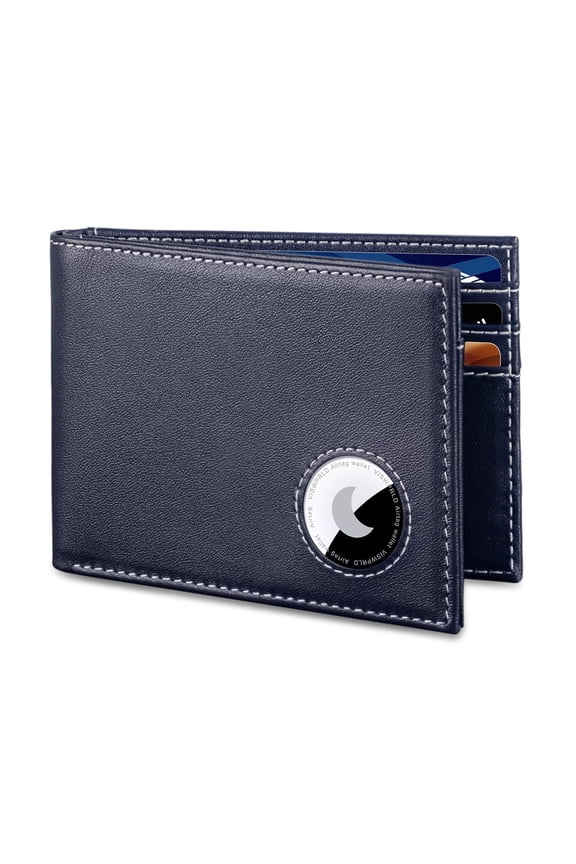 Men’s Wallet with AirTag Holder, Slim Bifold Leather Wallet for Apple Air Tag, RFID Blocking, 11 Card Slots (Chelsea Blue)