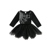 VISgogo Girls Mesh Romper Dress Sweet Casual Halloween Spider Web Printed Long Sleeves Newborn Jumpsuits