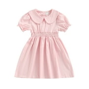 VISgogo Little Girl's Dress, Doll Collar Puff Short Sleeve Elastic Waist Solid Color Summer Princess Dresses