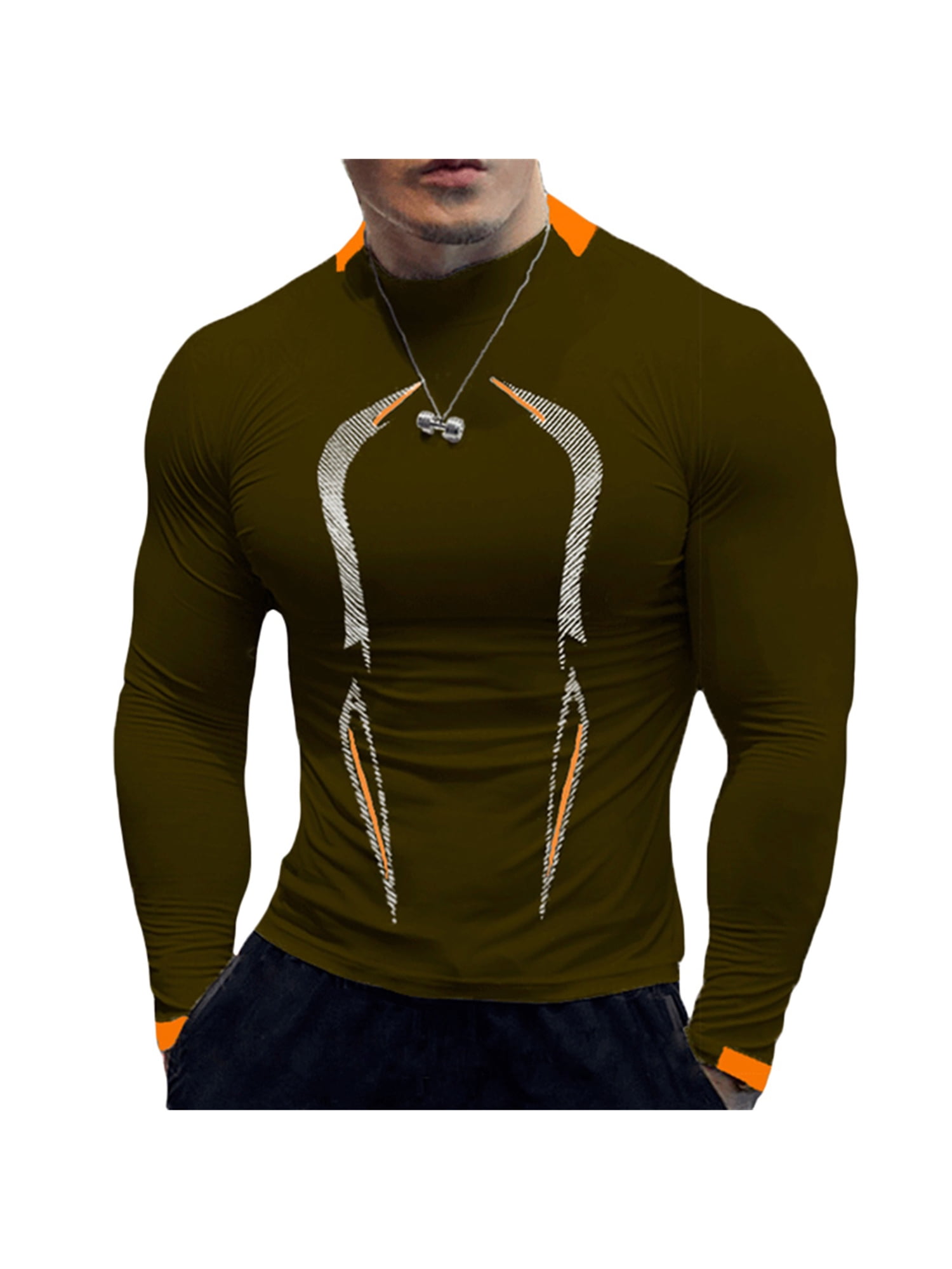 VISgogo Men Sports Shirt, Round Neck Long Sleeve Elastic Quick Drying Tops  Fitness Running Casual Clothing