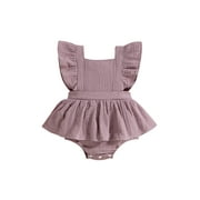 VISgogo Toddler Baby Girls Backless Romper Dress Solid Color Square Neck Summer Casual Fly Sleeve Newborn Jumpsuit
