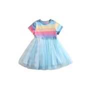 VISgogo Toddler Girls Summer Dress, Striped Mesh Patchwork Round Neck Short Sleeve One-Piece for Kids, 18 Months to 6 Years