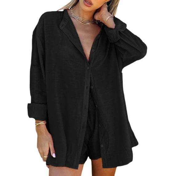 VISgogo Women Two-Piece Pants Suit, Solid Color Long Sleeve Blouse and Drawstring Elastic Waist Shorts