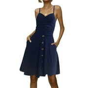 VISgogo Women's Summer Sling Dress Solid/Floral Pattern V-Neck Button-Down Sleeveless Dress