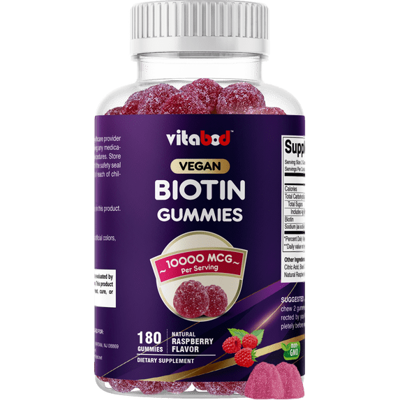 VITABOD Biotin Gummies 10000mcg for Healthy Hair, Skin & Nails Growth Vitamins for Women, Men & Kids - Vegan, Non-GMO, Hair Growth Supplement 180 Gummies