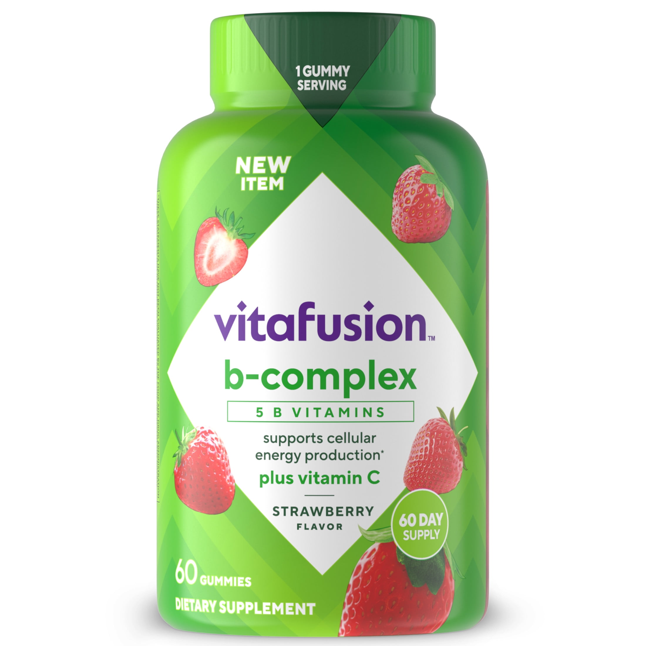 vitafusion B-Complex Gummy Dietary Supplements, with 5 B Vitamins to Support Cellular Energy Production (1), plus Vitamin C, Strawberry Flavor, 60 Count