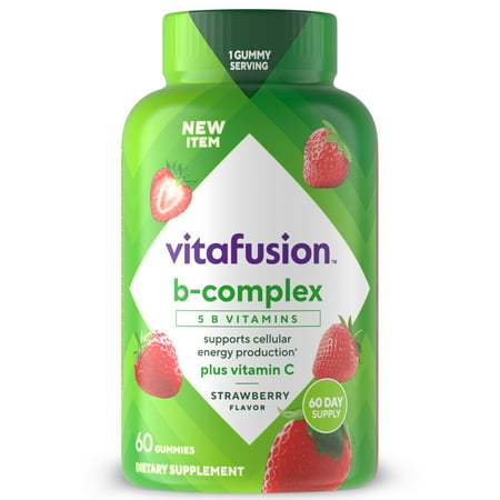 vitafusion B-Complex Gummy Dietary Supplements, with 5 B Vitamins to Support Cellular Energy Production (1), plus Vitamin C, Strawberry Flavor, 60 Count