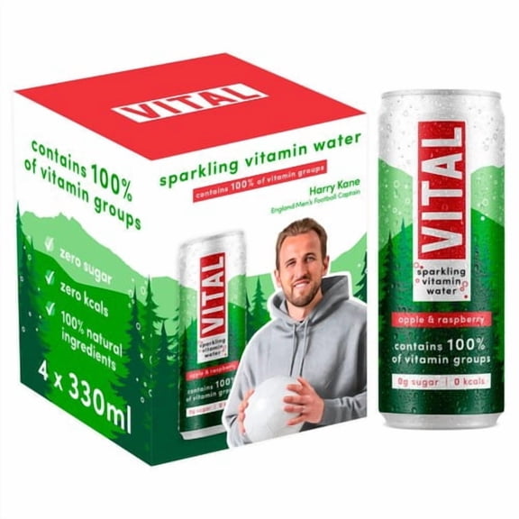 VITAL Drinks Sparkling Apple & Raspberry Vitamin Water 4 x 330ml, British Import (Pack of 2)