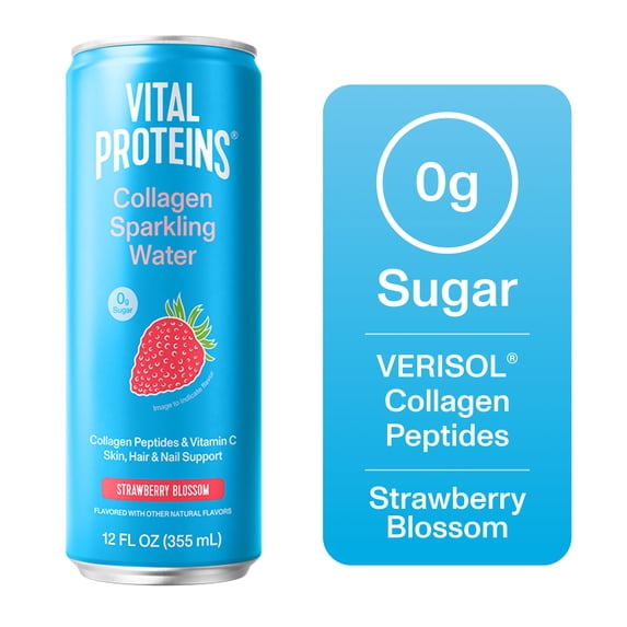 Vital Proteins Collagen Sparkling Water Strawberry Blossom, VERISOL® Collagen Peptides + Vitamin C, 0g Sugar, Liquid Skin Support Drink, 12 FL OZ Can