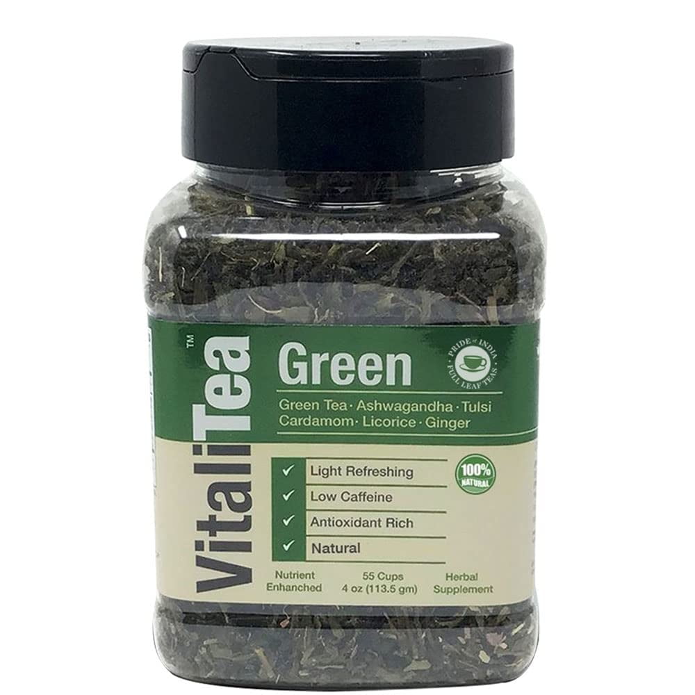 VITALITEA Natural Green Loose Leaf Tea – Low Caffeine – Light & Refreshing Taste – Ideal for Health Enthusiasts – Enriched w/ Rare Herbs – Makes 55 cups of tea – 4 oz. Full Leaf Tea in Gourmet Jar