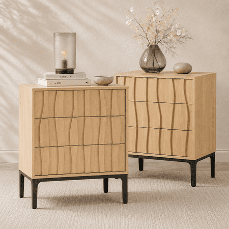 VITALOOM 2 PACK Natural Maple Nightstands, 3 Drawer Bedside Table with 3D Wave Front, Handle-Free Push Drawers and Black Metal Legs