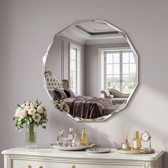 VITALOOM 24 Inch Faceted Round Wall Mirror, Frameless Diamond Cut Beveled Circle Vanity Mirror for Bathroom Entryway