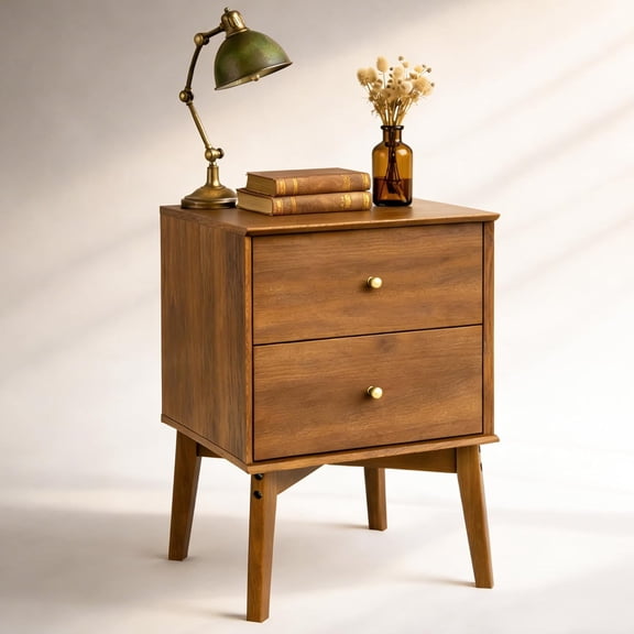VITALOOM 26" Tall Mid Century Modern Nightstand with 2 Drawers, Walnut Wood Bedside Table with Sturdy Solid Wood Legs, Vintage End Table for Small Bedroom, Living Room or Apartment, Easy Assembly