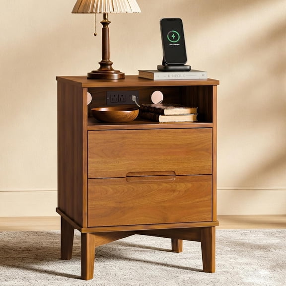 VITALOOM 26" Tall Wood Nightstand with Charging Station & USB-C, Mid Century Modern Bedside Table with Solid Wood Legs, Caramel Walnut Finish with 2 Drawers