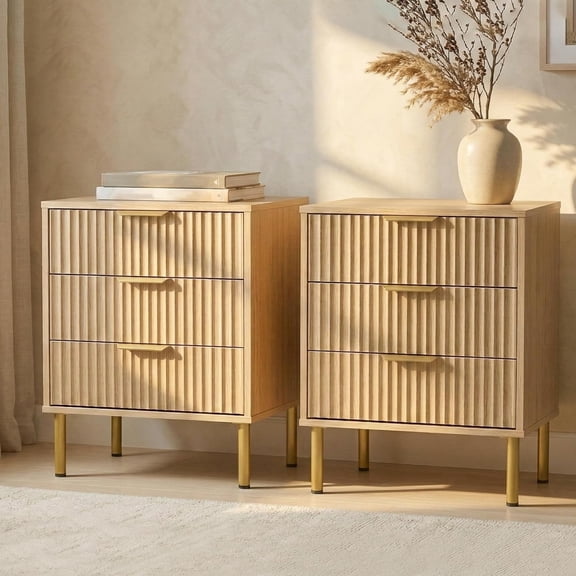 VITALOOM 3-Drawer Set of 2 Nightstand with Gold Legs, Fluted Bedside Table with Luxe Gold Handles, Accent Side Table with Metal Base for Bedroom and Living Room, Natural Oak