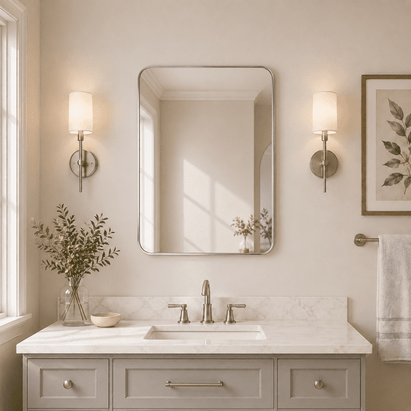 VITALOOM 30"x36" Brushed Nickel Bathroom Mirror, Rounded Rectangle Vanity Wall Mirror with Slim Aluminum Frame, 2-Way Mount
