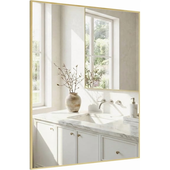 VITALOOM 30"x36" Gold Bathroom Mirror for Wall, Metal Framed Vanity Mirror, Large Rectangular Mirror Over Sink, Mid-Century Modern Decor, Flush Mount