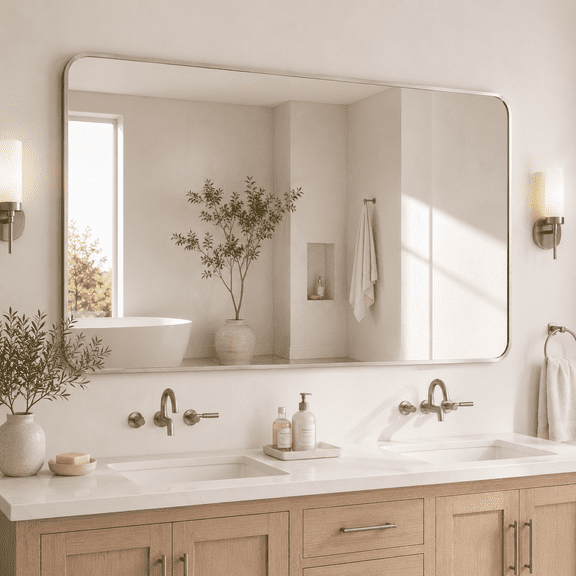 VITALOOM 30"x48" Brushed Nickel Bathroom Mirror, Rounded Rectangle Vanity Wall Mirror with Slim Aluminum Frame, 2-Way Mount