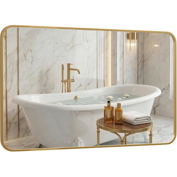 VITALOOM 30x48 Inch Oversized Matte Gold Bathroom Vanity Mirrors | Flush Mount Deep Set Metal Wall Mirror for Over Sink | HD Shatterproof Glass, Rustproof | 1 Pack