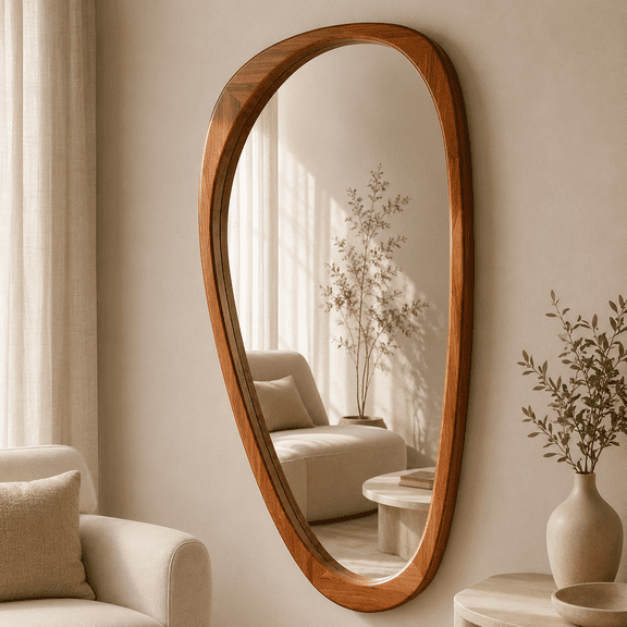 MIXX UNIQ 48x24 Inch Warm Walnut Irregular Wall Mirror, Solid Wood Organic Large Mirror for Bedroom Entryway Living Room Decor