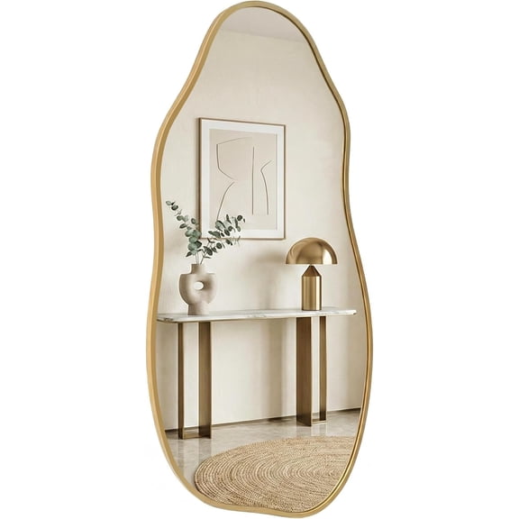 VITALOOM Asymmetrical Wall Mirror 36"x20", Large Irregular Wavy Mirror for Bathroom Vanity, Matte Gold Rust Proof Aluminum Frame, Tempered Glass Horizontal or Vertical Hanging for Living Room Decor